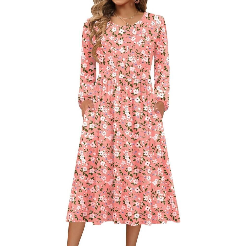 Zeagoo Women Pink Floral Long Sleeve Flowy A-Line Boho Long Dress with Pockets - Picture 1 of 6